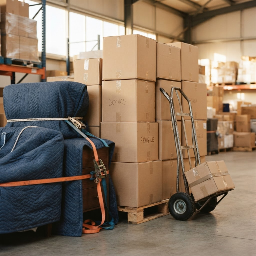 Neatly stacked moving boxes and furniture wrapped in protective blankets
