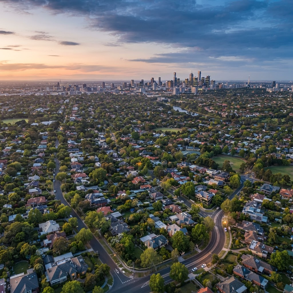 Aerial view of eastern Melbourne suburban streets at dusk