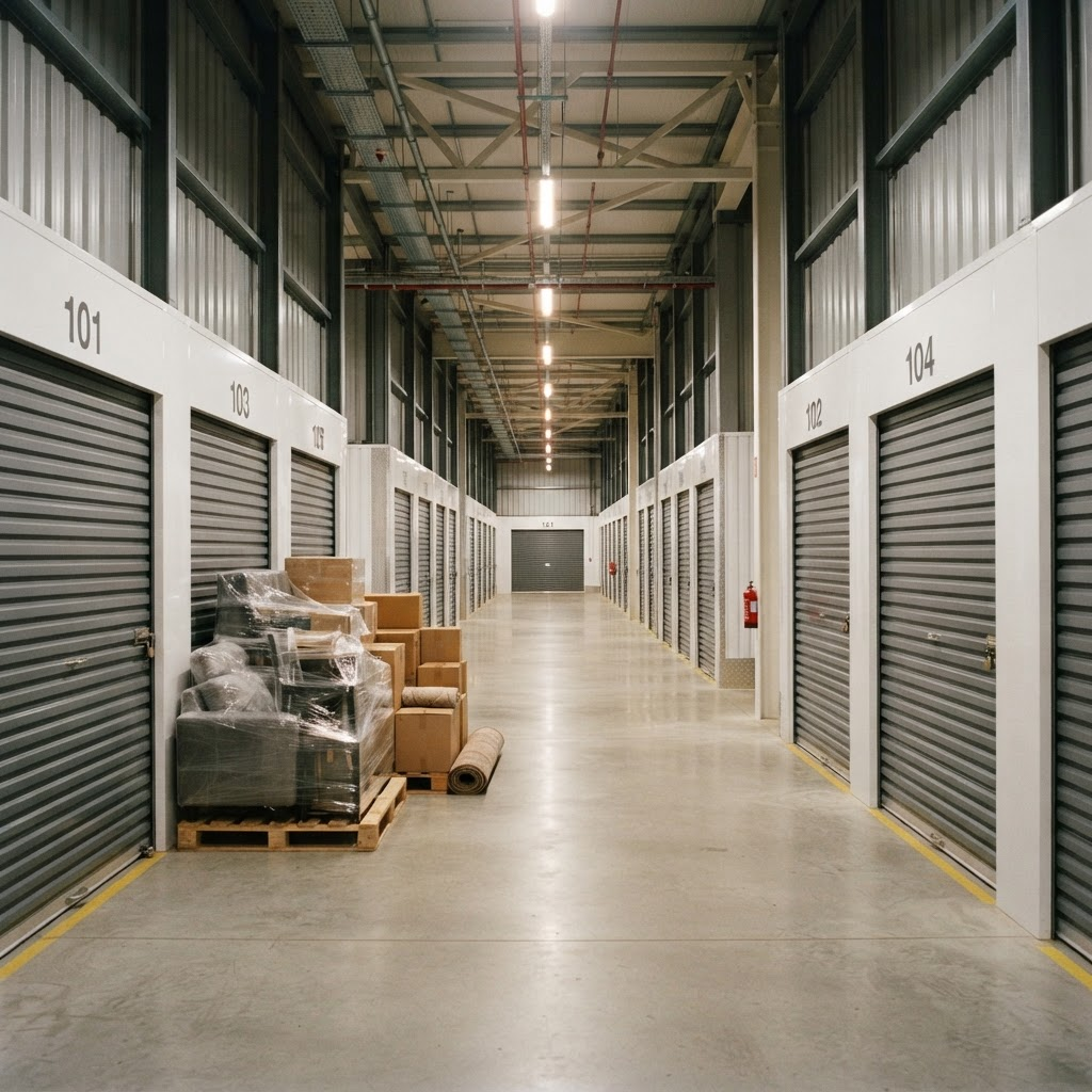 Clean secure storage warehouse with stacked furniture